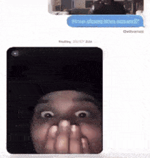 a man is covering his mouth with his hands while a text message says how does the sound