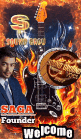 a poster that says saga founder welcome with a guitar