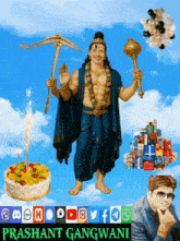 a poster for prashant gangwani shows a man holding a shovel and a cake