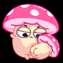 a cartoon illustration of a pink mushroom with a sad look on its face