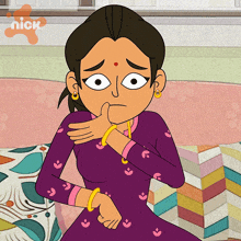 a cartoon of a woman sitting on a couch with the nick logo in the background