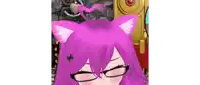 a close up of a cartoon character with purple hair and cat ears wearing glasses .