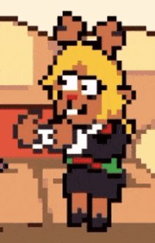 a pixel art drawing of a girl with yellow hair and glasses