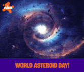a poster for world asteroid day shows a spiral galaxy