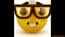 a yellow smiley face wearing glasses and the word uur on it