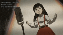 a girl singing into a microphone with the word meromero on the bottom