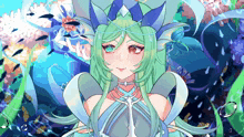 a pixel art of a girl with green hair