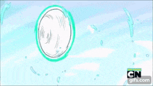 a cartoon character from steven universe is flying through the air with his mouth open .