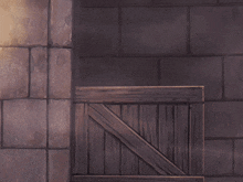 a girl peeking out from behind a wooden fence in a dark room