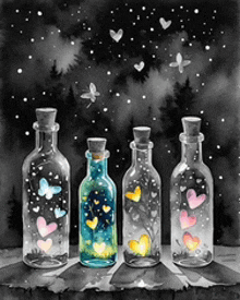 a painting of four bottles with butterflies and hearts in them