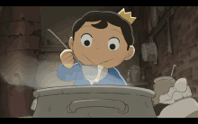 a cartoon boy with a crown on his head is holding a ladle