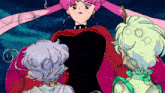 a cartoon of a woman in a red cape surrounded by two other characters