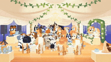 a group of cartoon dogs are sitting at tables in a room