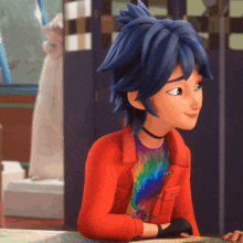 a cartoon character with blue hair wearing a red jacket