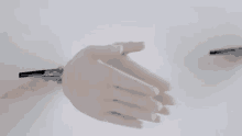 a close up of a person 's hands reaching out towards each other on a white background .