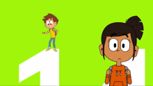 a girl with a backpack is standing next to a boy with a backpack on a green background