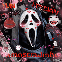 a picture of a ghostface with the words yuri freak and lesbian written on it