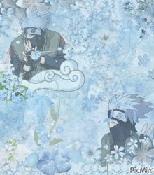 a picture of a cartoon character surrounded by blue flowers and a picmix logo