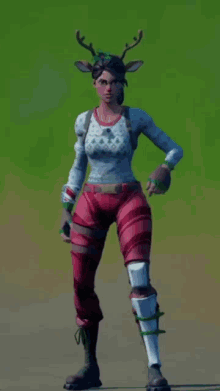 a woman in a reindeer costume is standing on a dirt road with the words `` use '' above her .
