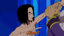 a cartoon of a shirtless man pointing at another man with the word shigan written on the bottom