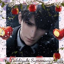 a picture of calebijuki supremacy is surrounded by apples and stars