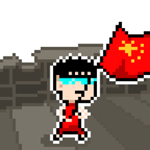 a pixel art of a person holding a red and yellow flag