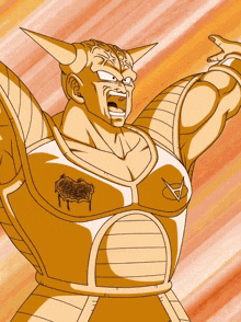 a drawing of a man in a gold armor with a triangle on his chest