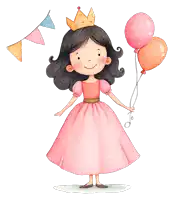 a little girl in a pink dress with a crown on her head is holding balloons