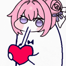 a girl with pink hair and purple eyes is holding a red heart