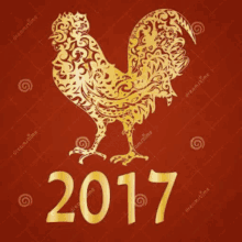 a gold rooster is on a red background with anonovo chines 2017