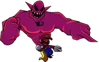 a cartoon of mario and a purple monster with the letter g on his chest