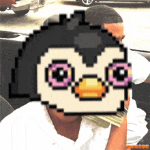 a pixel art of a penguin with pink eyes holding money