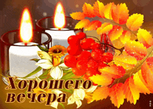 a greeting card with two lit candles flowers and berries