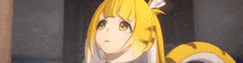 a girl with yellow hair and a tail is looking up at something .