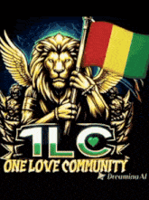 a picture of a lion holding a flag with the words one love community below it