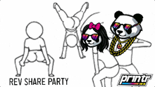 a poster for rev share party shows a man and two pandas dancing