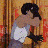 a cartoon character is covering his face with his hands .