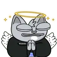 a cartoon cat with angel wings and a mercie shirt