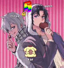 two anime characters named shinya and guren are standing next to each other on a pink striped background