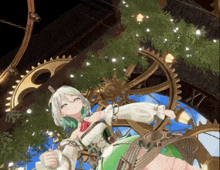 a girl with green hair and white hair is standing in front of a clock with the number xii on it