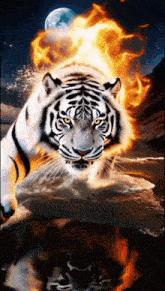 a white tiger is surrounded by flames and has a reflection in the water