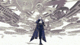 a man in a suit is standing in front of a ceiling of gears