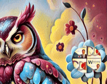 a painting of an owl next to a winning cigarette pack