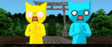 a yellow and a blue cartoon character are standing next to each other .