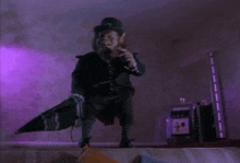 a leprechaun in a purple room with the words feels like rain below him