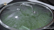 a pan with a glass lid that says made in animotica on it