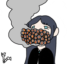 a drawing of a girl with a bunch of bubbles in her mouth and a smoke coming out of her mouth