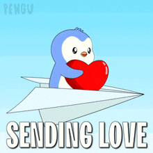 a penguin is holding a heart while flying on a paper airplane and the words sending love are below it