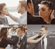 a man and a woman are touching each other 's faces in a collage