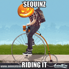 a man with a pumpkin head is riding a bicycle with the words sequinz riding it on the bottom